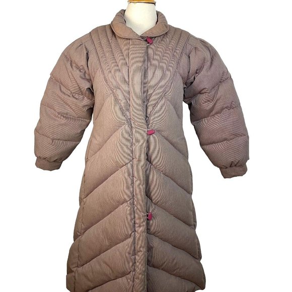 Vintage J. Gallery Down Coat size PM Burgandy & Cream pinstripe Long - Picture 11 of 16